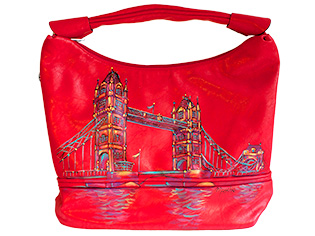 Plants: london-bridge-Tascha, rot, leuchtend,
             tuerkis, gelb, fluss, wasser, brücke, kunstleder, tasche handtasche unikat bemalt malerei,
             bei klick wird lightbox gestartet