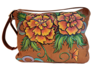 Plants: tasche handtasche unikat 
                    bemalt malerei sommerblume gelb rot orange braun natur floral schmetterling leder
                     handbemalt von hand bemalt, 
                    bei klick wird lightbox gestartet